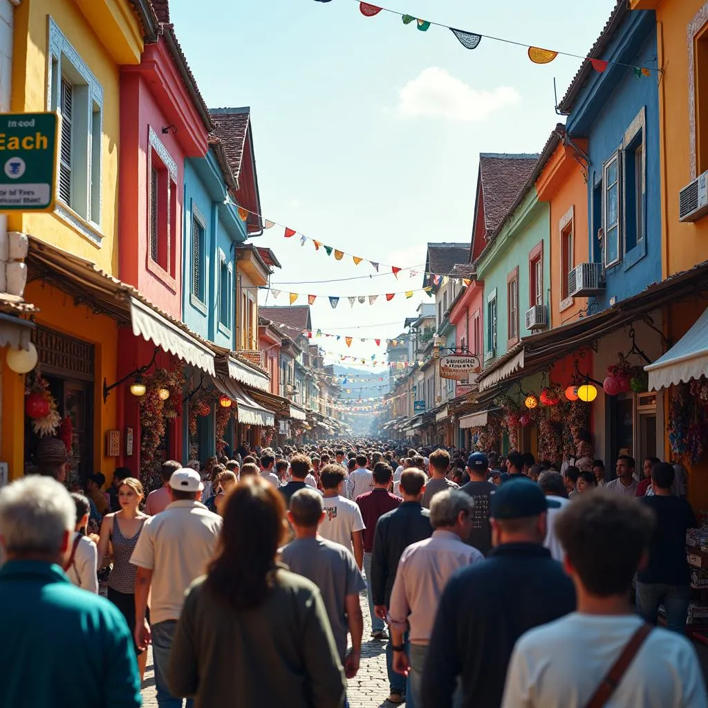 Bustling Mall Road in Manali with shops and people