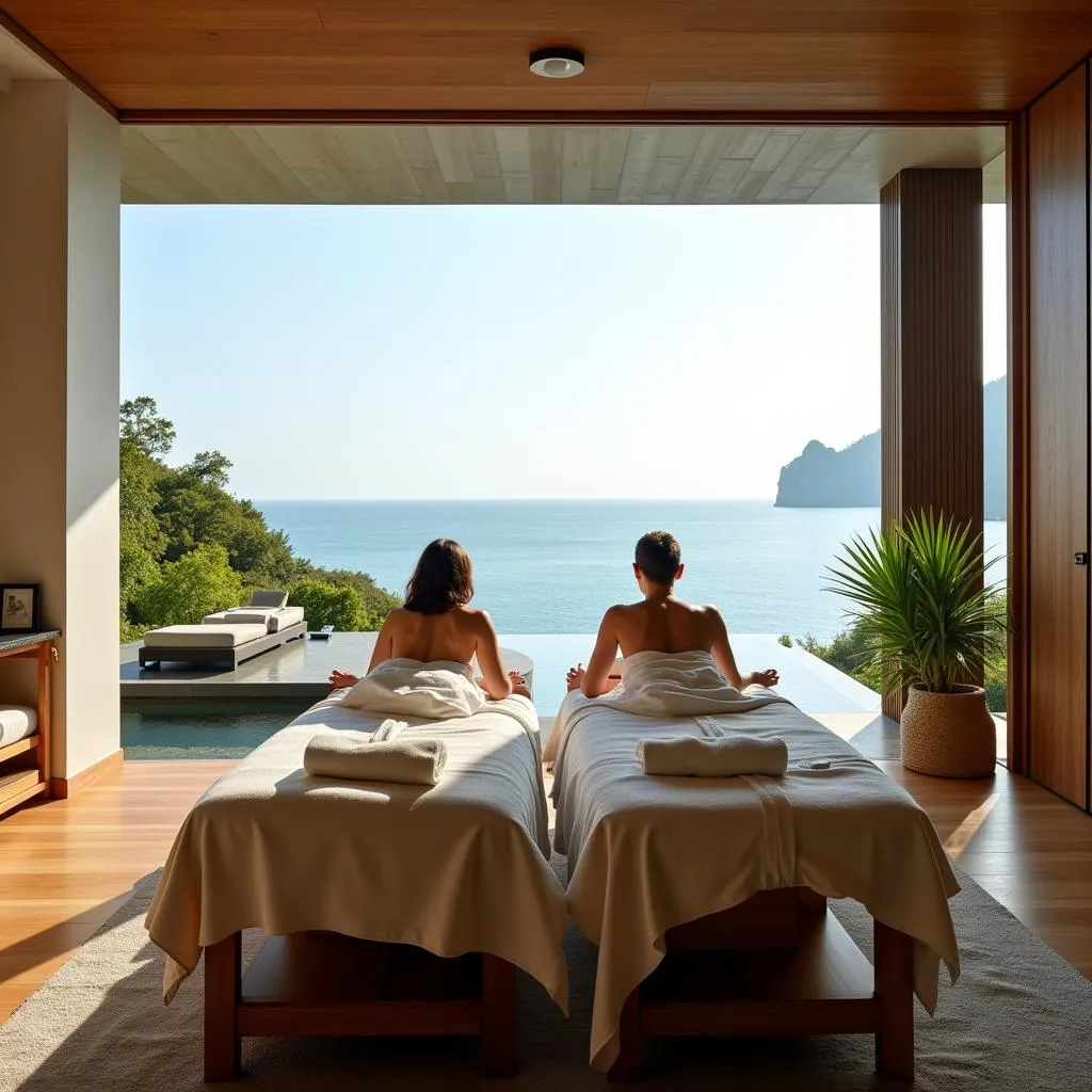 Couple enjoying a relaxing massage therapy at a spa with ocean views