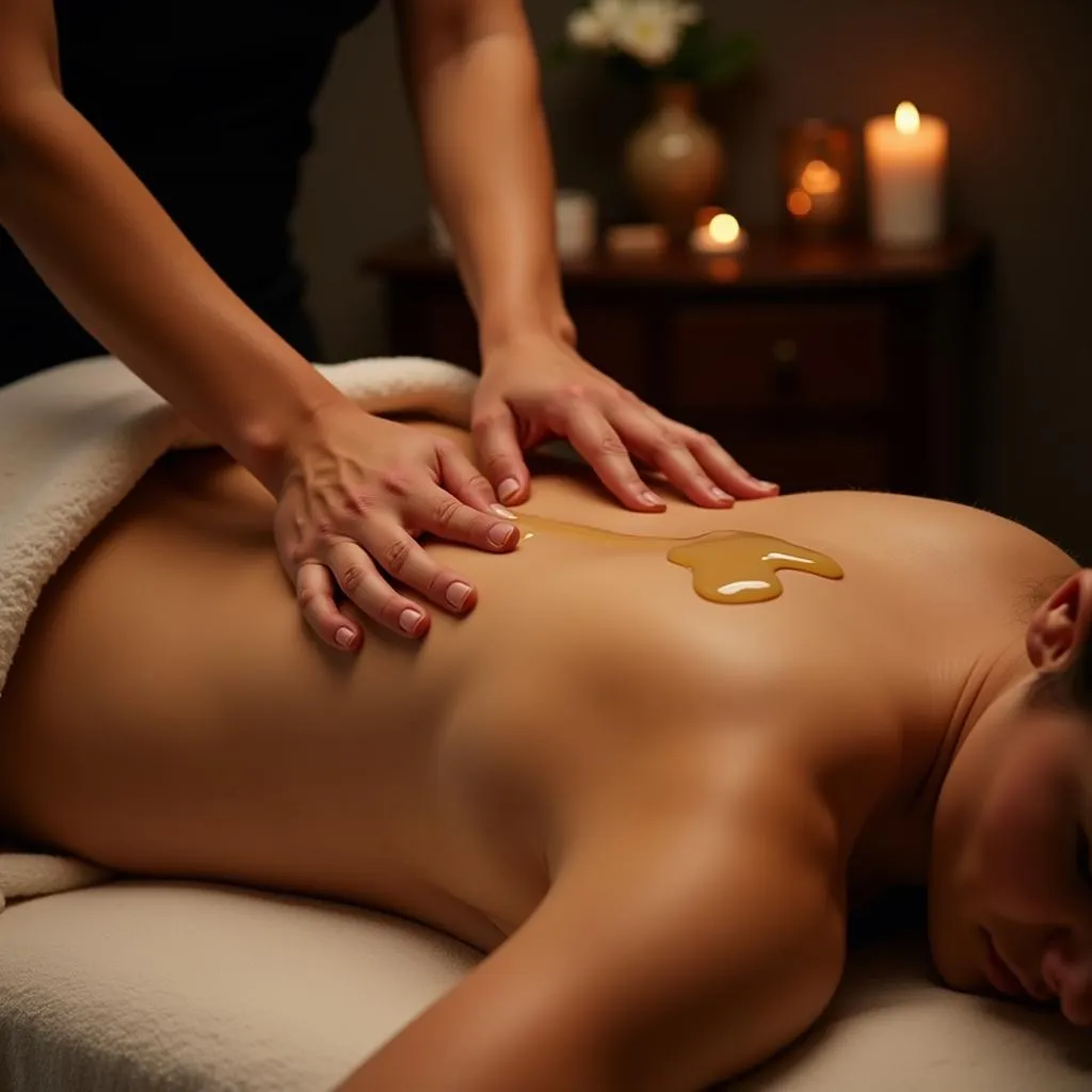 Massage therapist applying oil to a woman's back