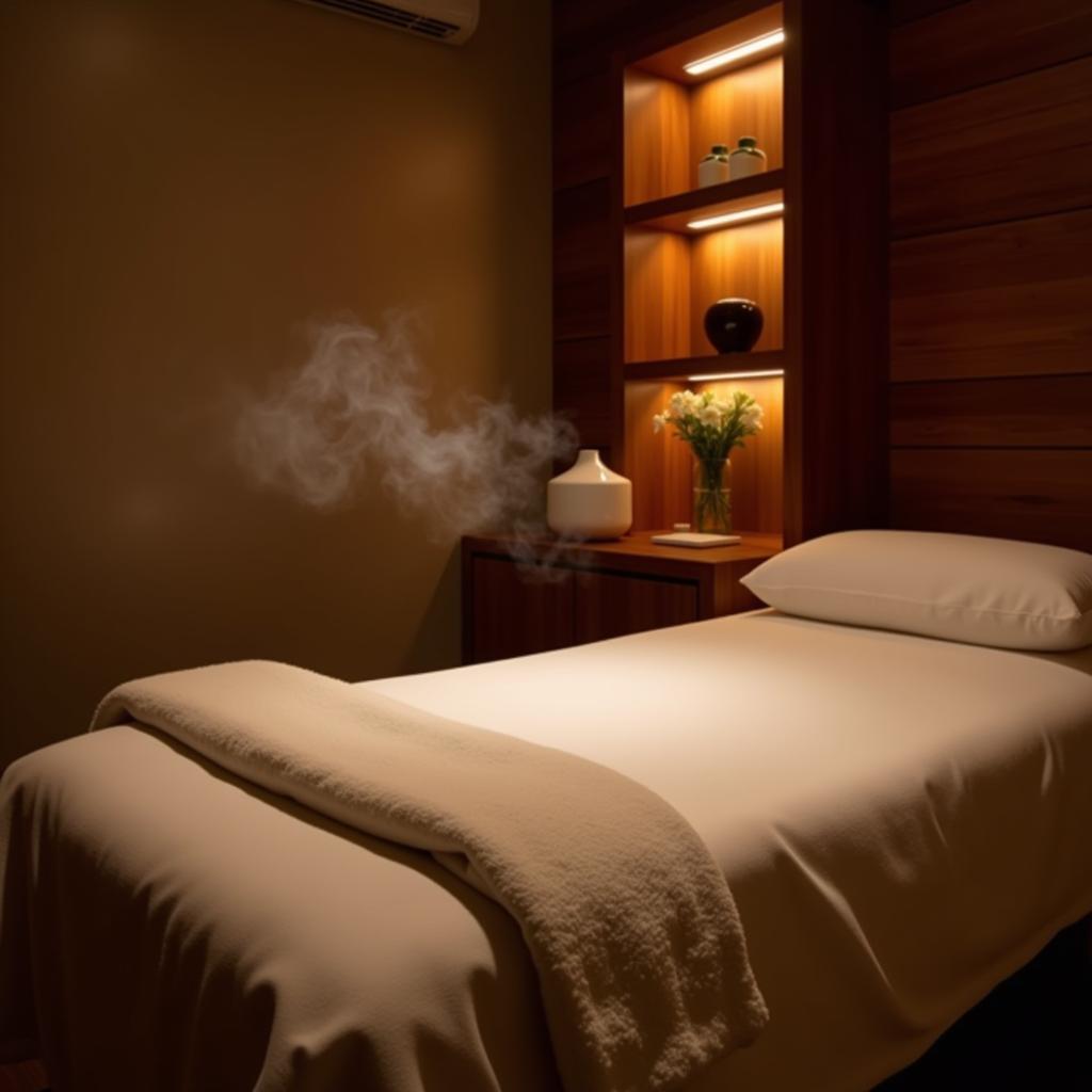 Serene treatment room at Maya Spa Zuri with soft lighting and natural elements.