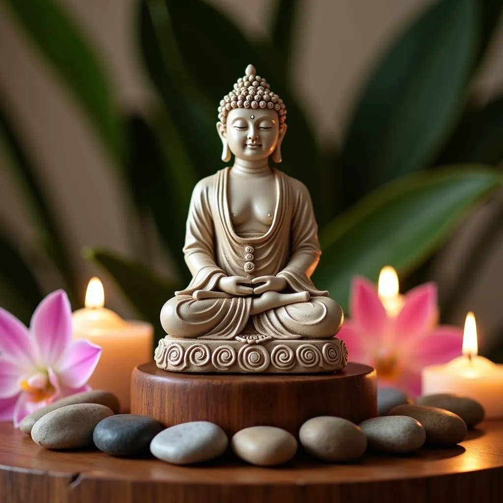 Meditating Buddha statue in serene spa setting