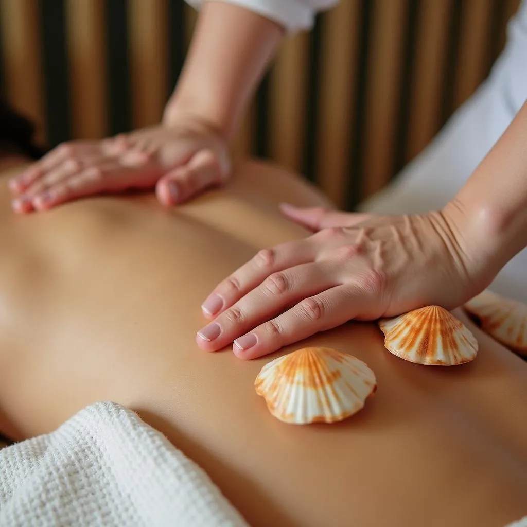 Close-up of therapist's hands performing a massage with warm seashells