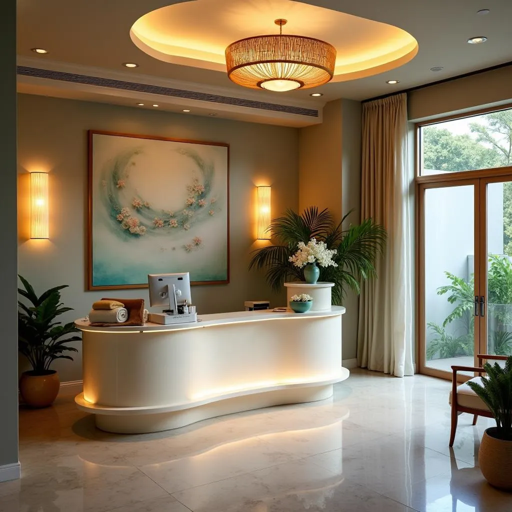 Serene spa reception area with soft lighting and natural elements