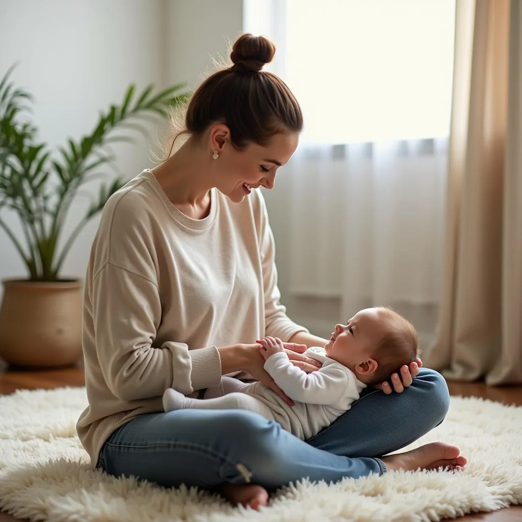 Mom lovingly massages her baby in a peaceful home setting