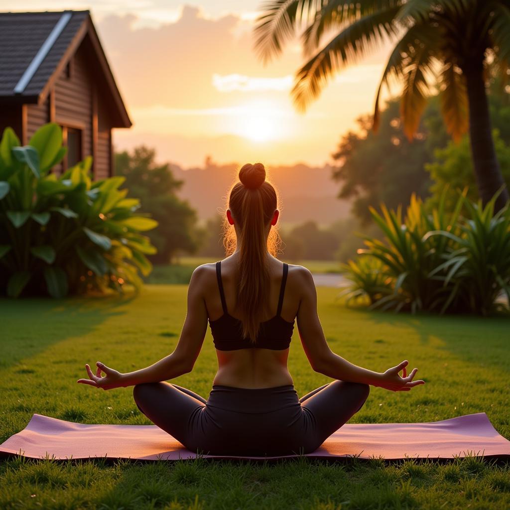 Woman practicing yoga and meditation at a natural beauty spa