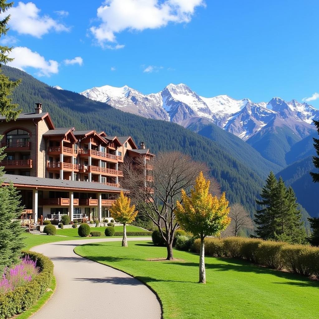 Exterior view of Orchard Green Resort & Spa with Himalayan backdrop