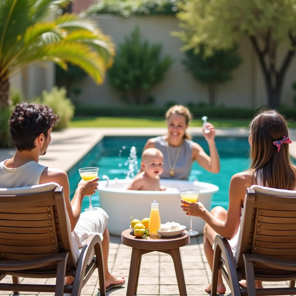 Parents relax on the terrace while baby enjoys a spa treatment