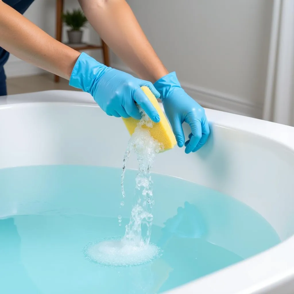 Person cleaning an aqua spa bathtub