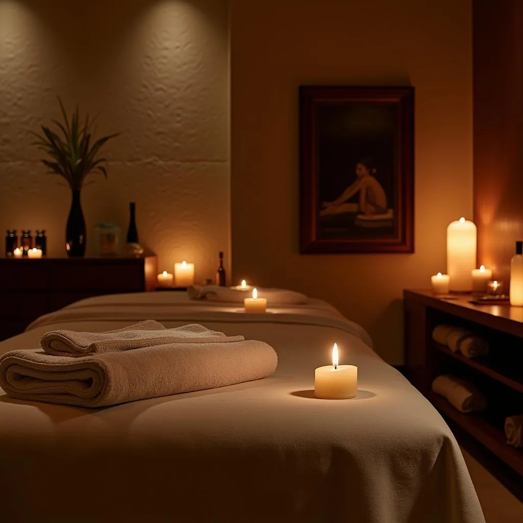 Serene spa treatment room with soft lighting and calming decor