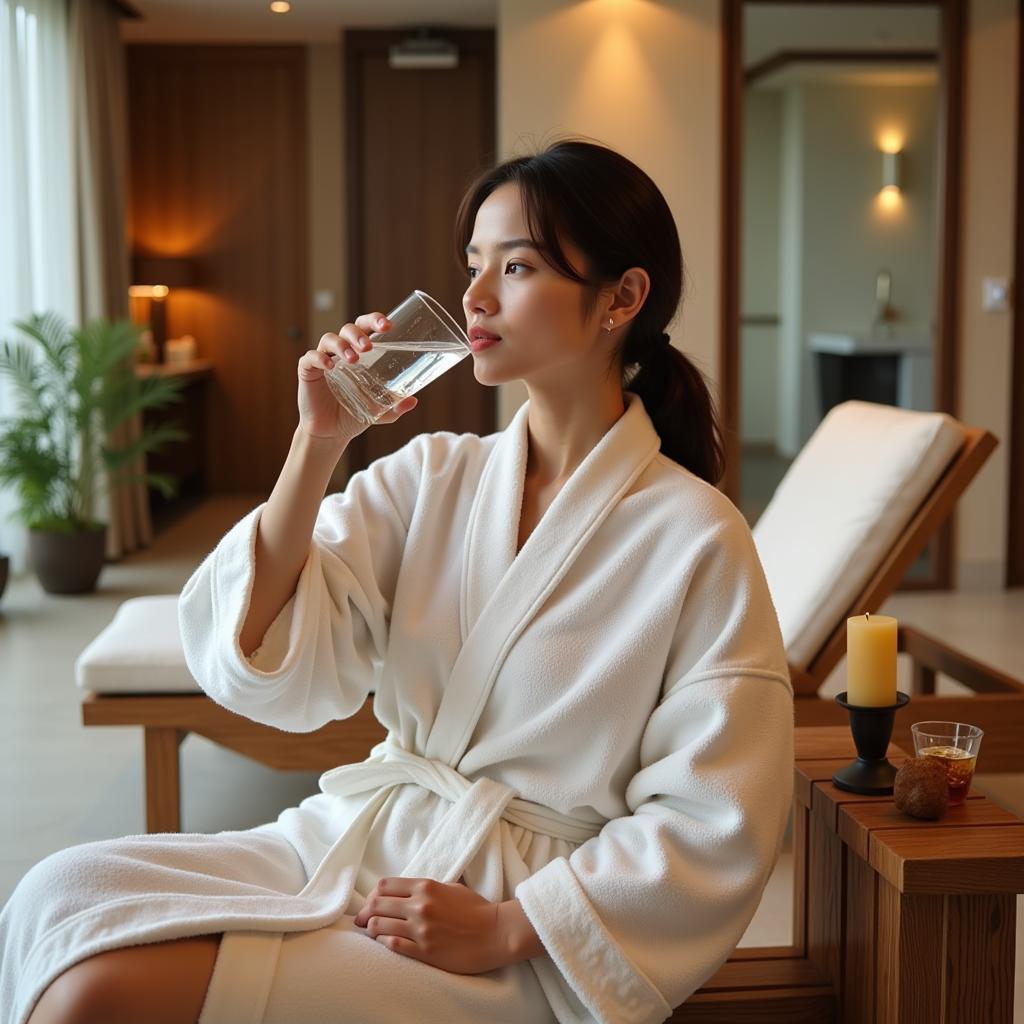 A person getting ready for an aquis body spa session by relaxing and drinking water.