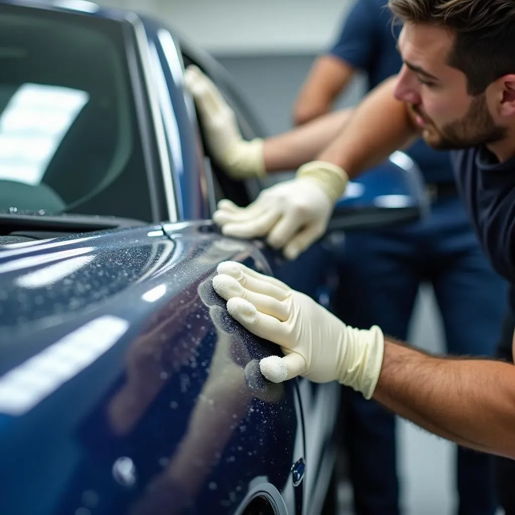 Professional Car Detailer Applying Wax