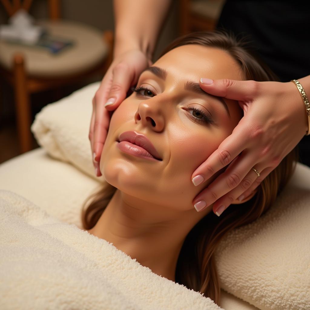 A client relaxes while receiving a facial treatment, enveloped in a sense of tranquility