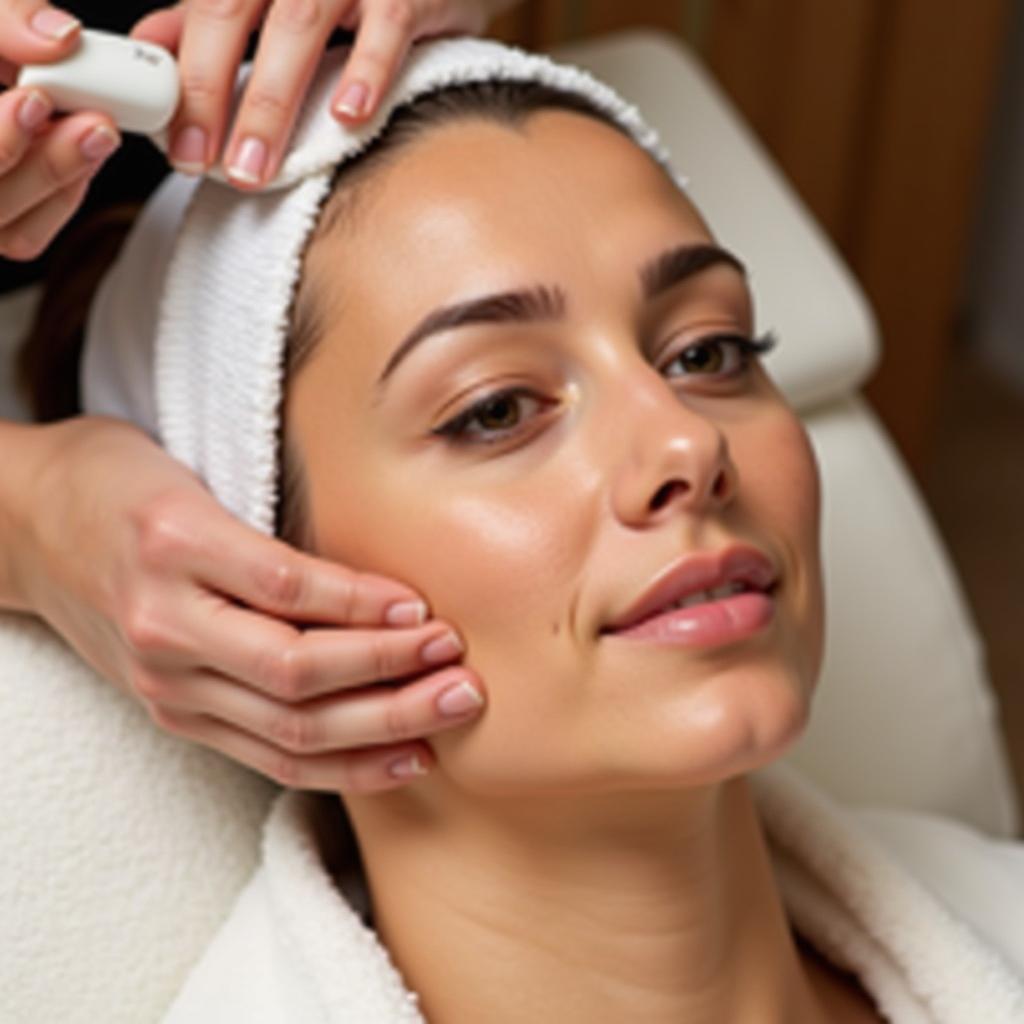 Close-up of a woman with her eyes closed, enjoying a facial treatment at the spa