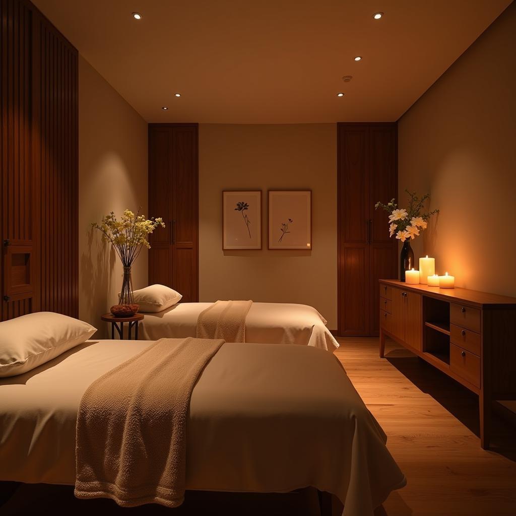 Serene spa room with candles and flowers