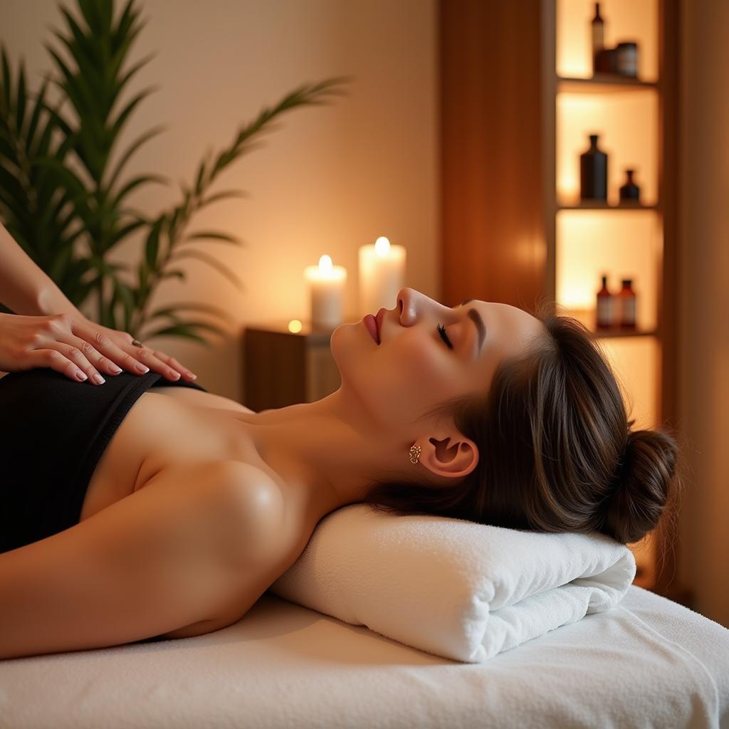 Woman enjoying a relaxing spa treatment with aromatherapy and soft music