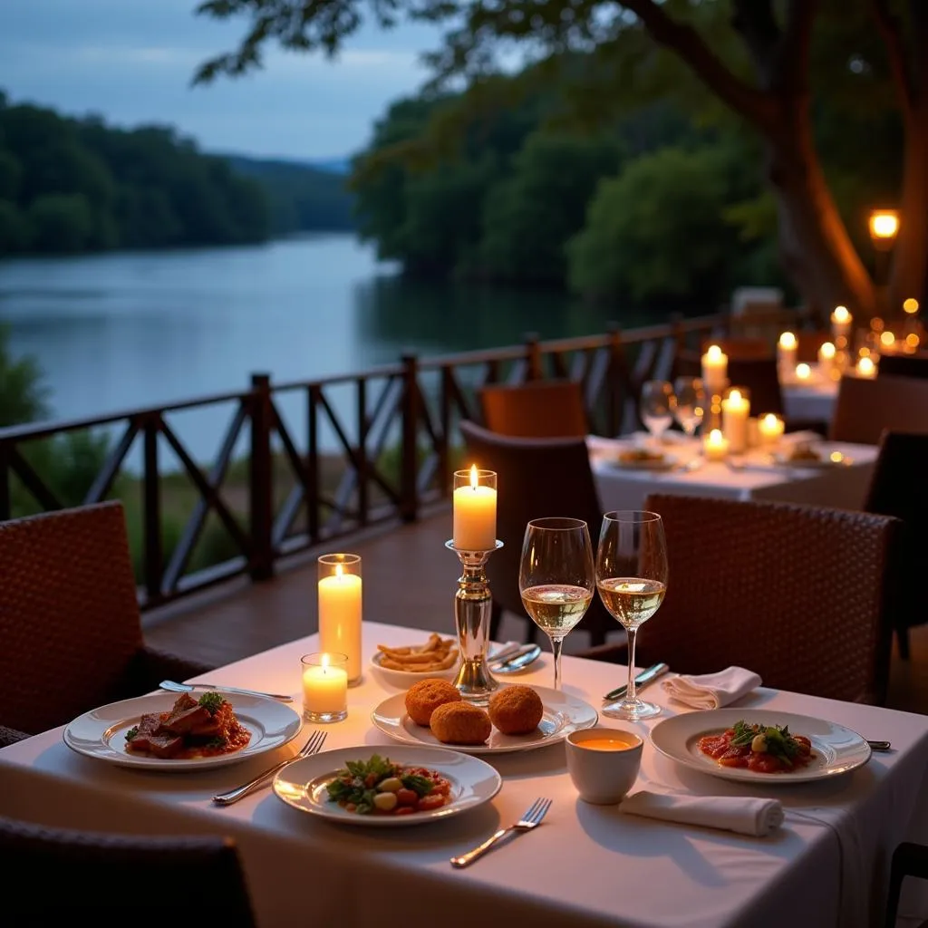 Romantic dinner setting at the riverside restaurant