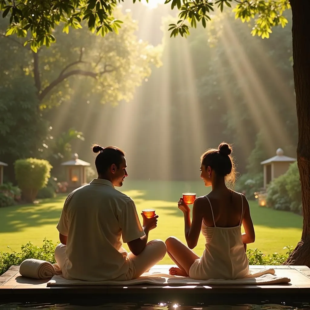 Serene couple enjoying herbal tea in a tranquil spa garden