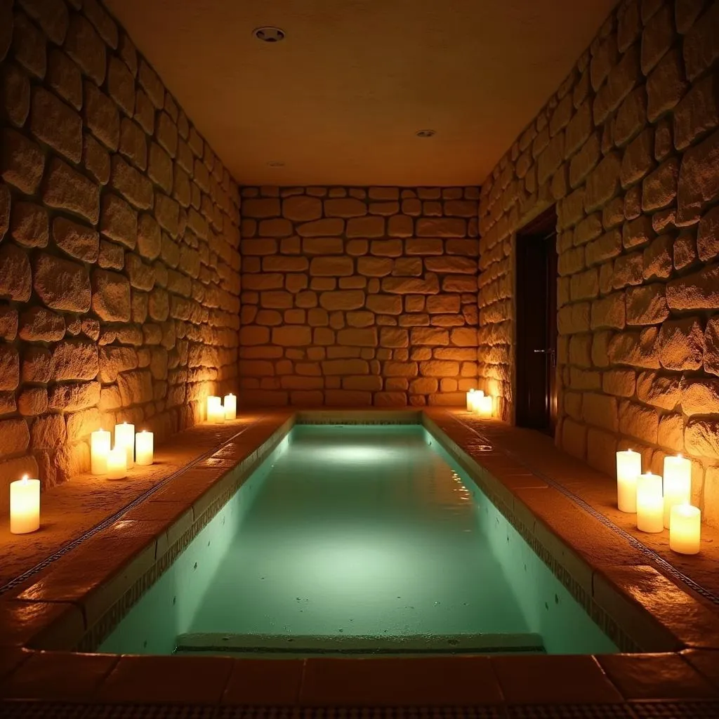 Tranquil interior of a hot springs spa in Kansas City with dim lighting and candles