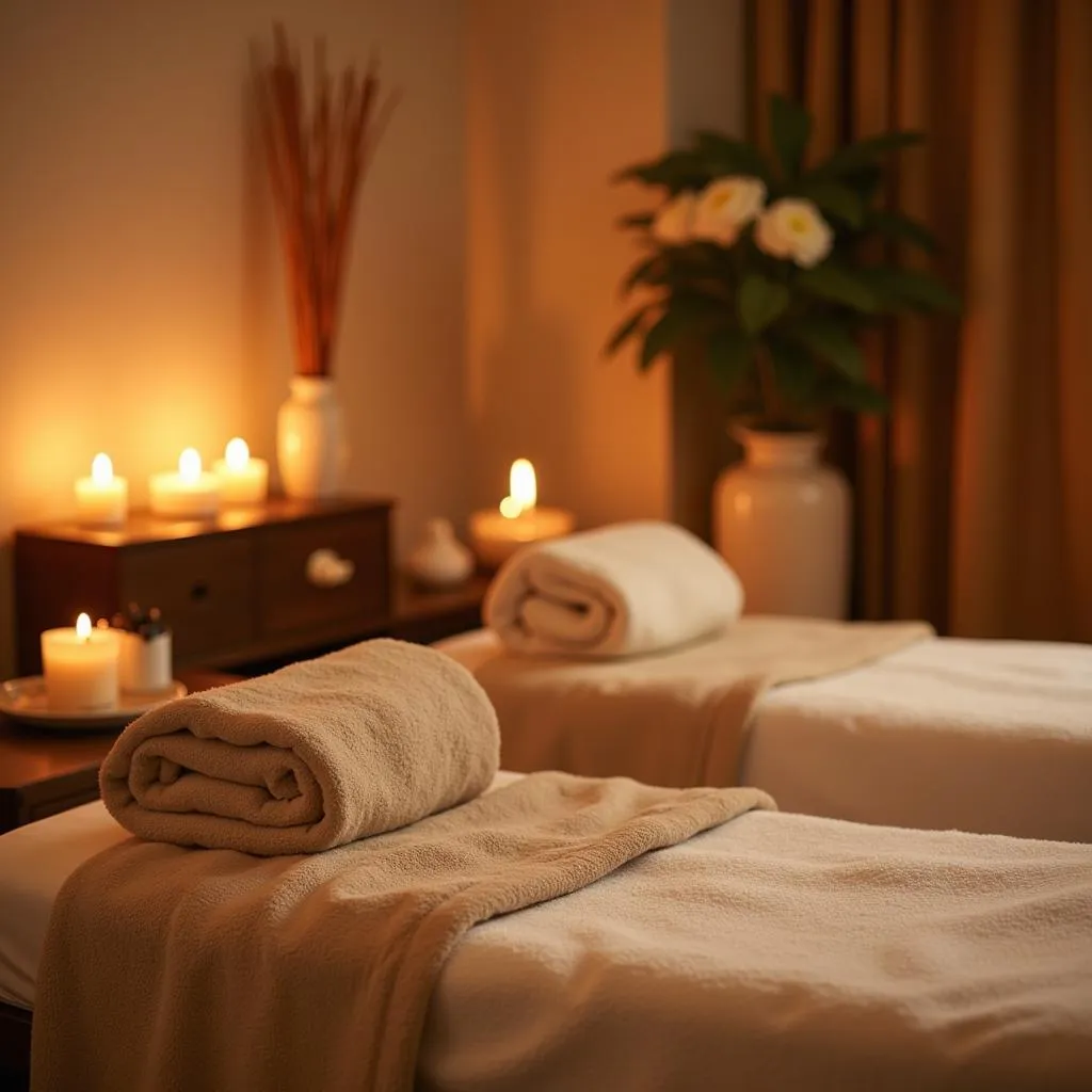 Tranquil spa setting with candles and flowers.