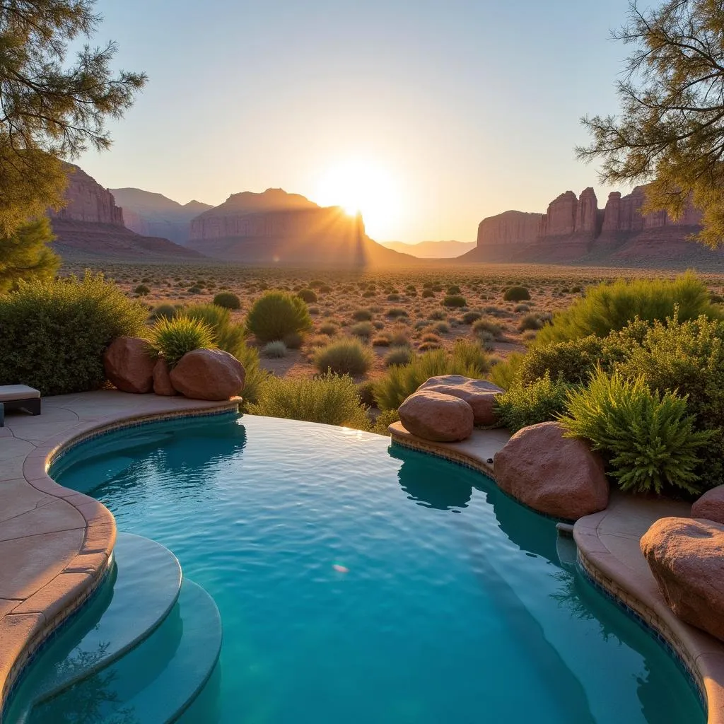 Tranquil spa pool overlooking a stunning desert landscape