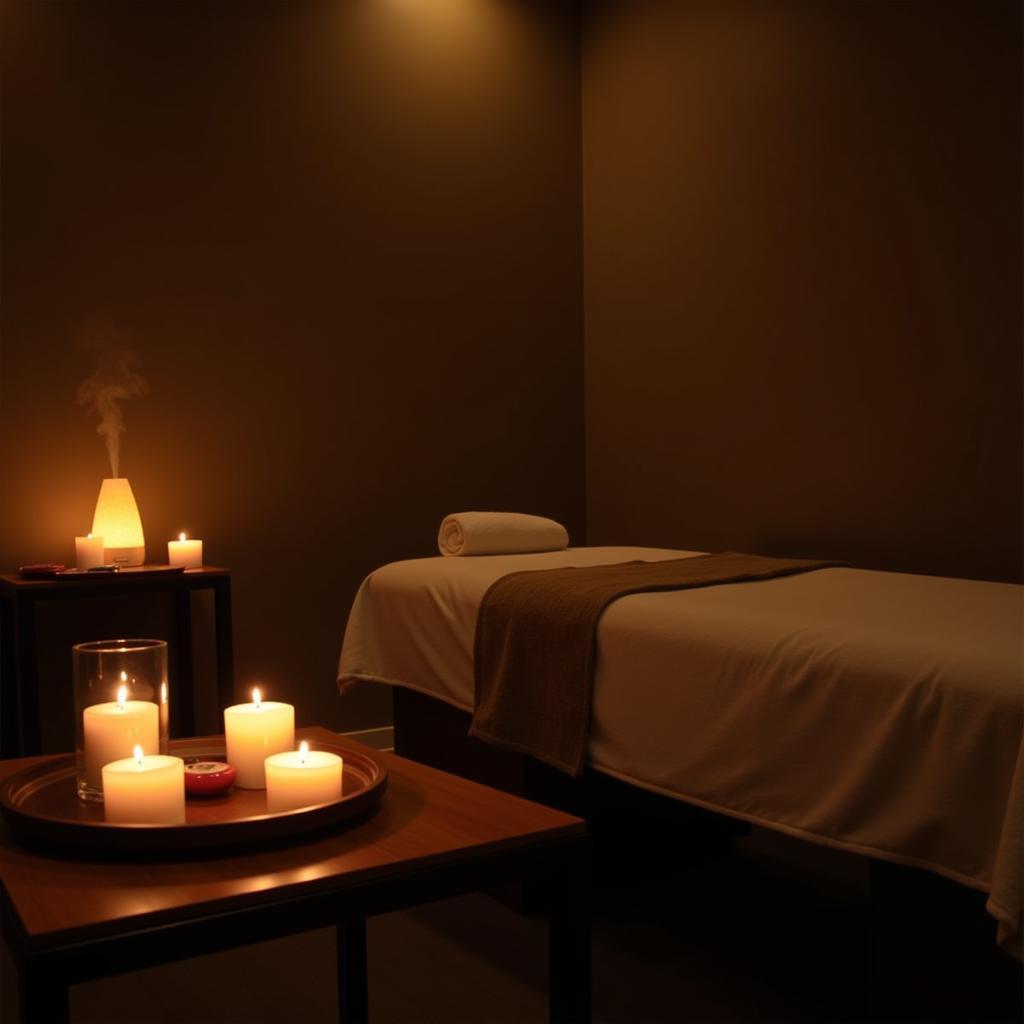 Serene spa treatment room with essential oils and candles