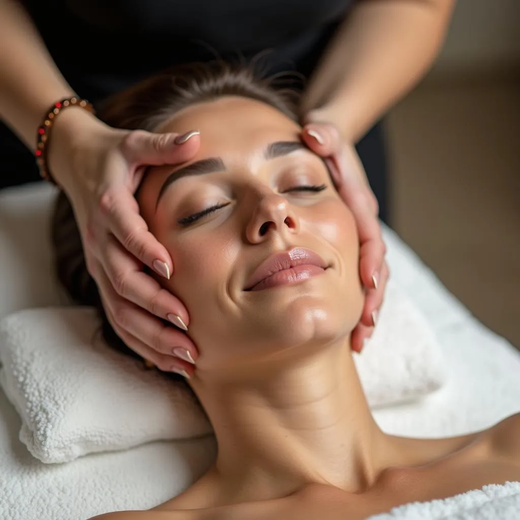 Skilled therapist performing a facial massage on a client in a serene spa environment