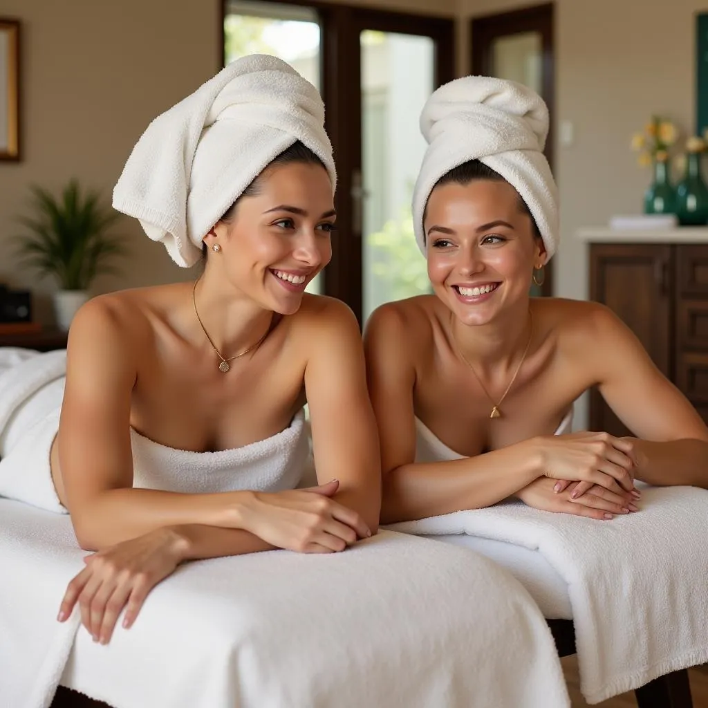 Two friends enjoying a relaxing spa day with body treatments