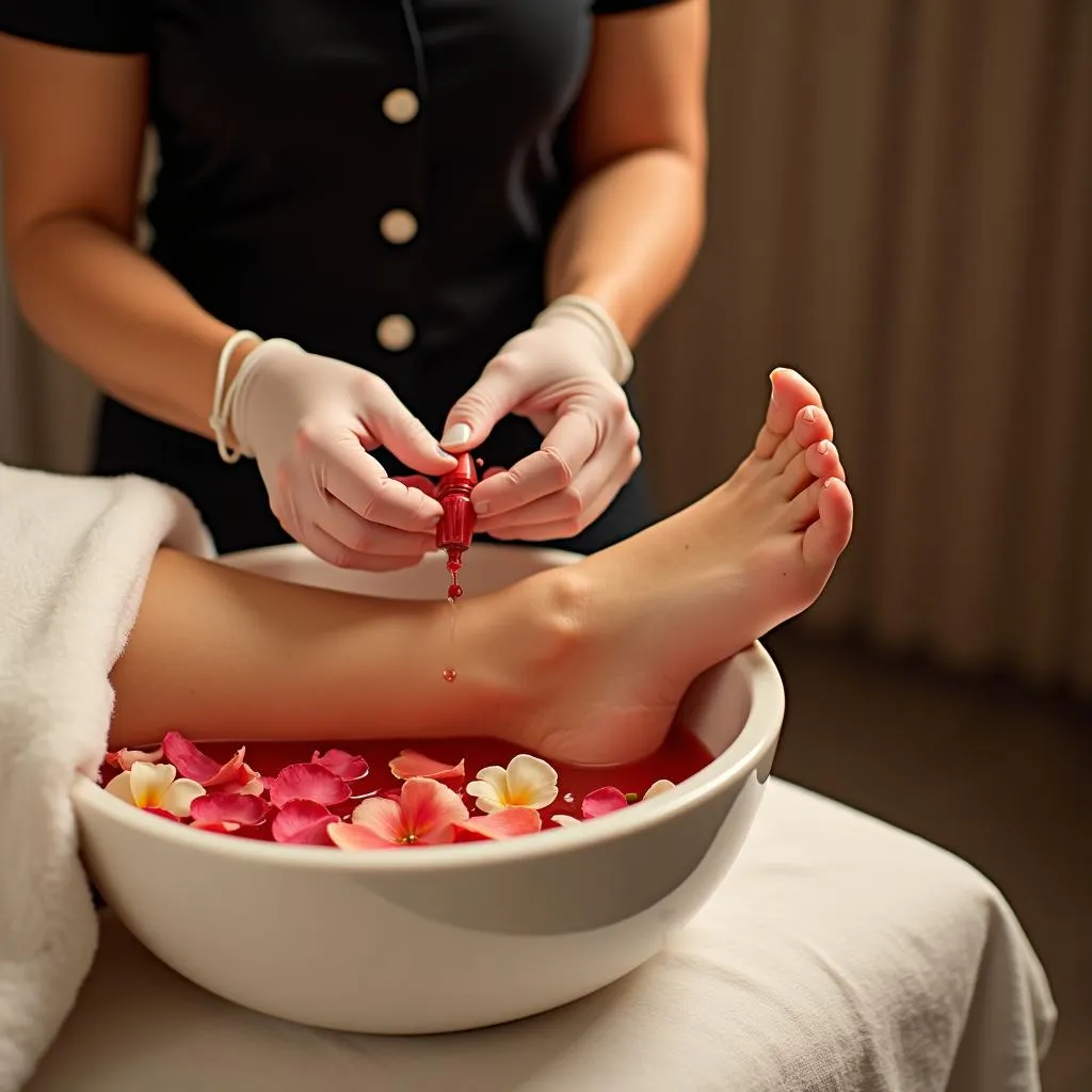 Close-up of a woman getting a pedicure at a spa in Noida, with a focus on the therapist's meticulous attention to detail and the vibrant nail polish colors.