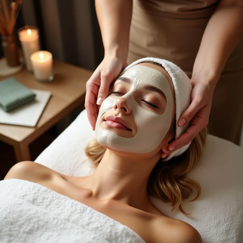 Woman receiving a relaxing facial treatment at the spa