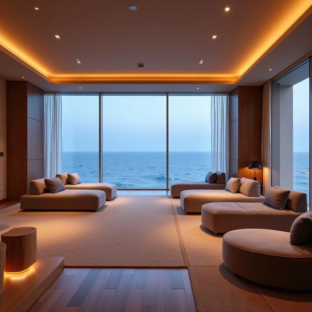 Relaxation lounge in a spa with comfortable seating and expansive ocean views