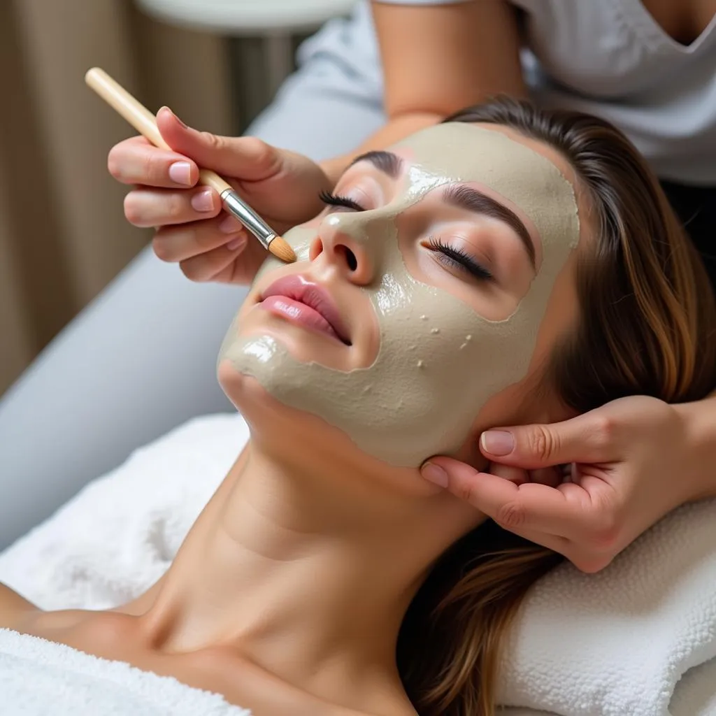 Spa therapist applying a face mask to a client