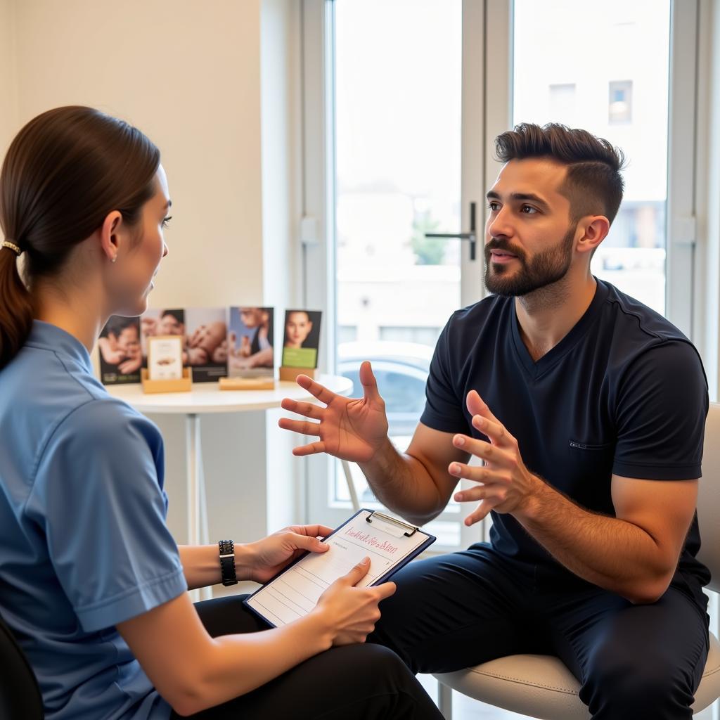 Spa therapist consulting with male client about treatment options.