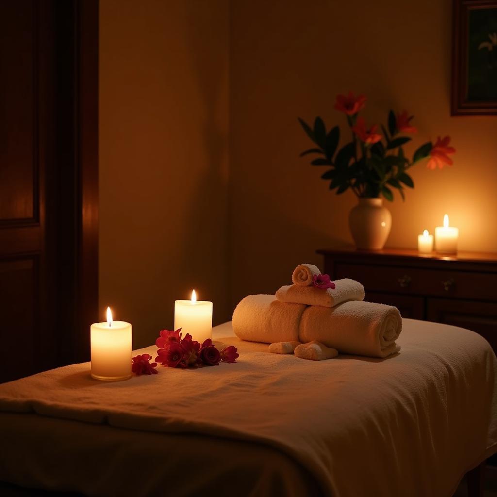 Relaxing spa treatment room with massage table and candles