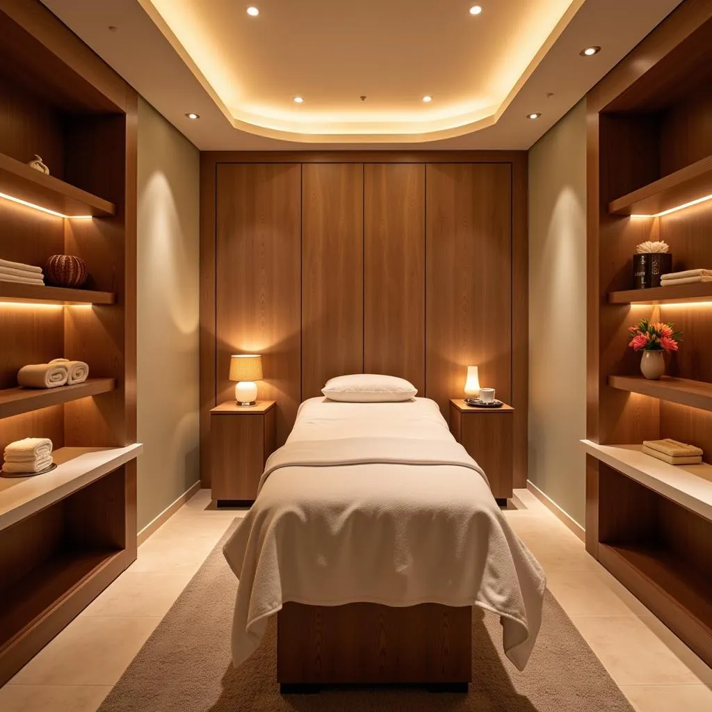 A dimly lit spa treatment room with soft lighting and calming decor