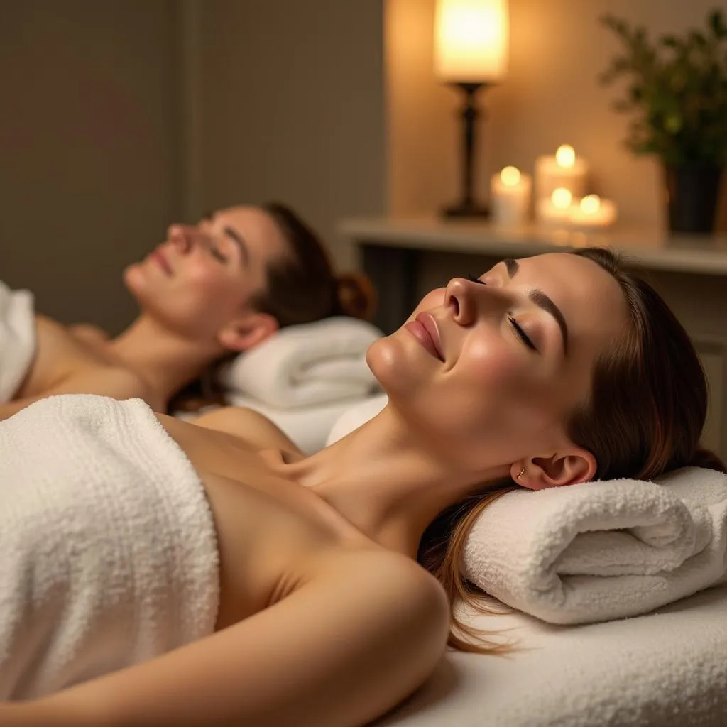 Two people enjoying a relaxing couple's massage in a spa setting