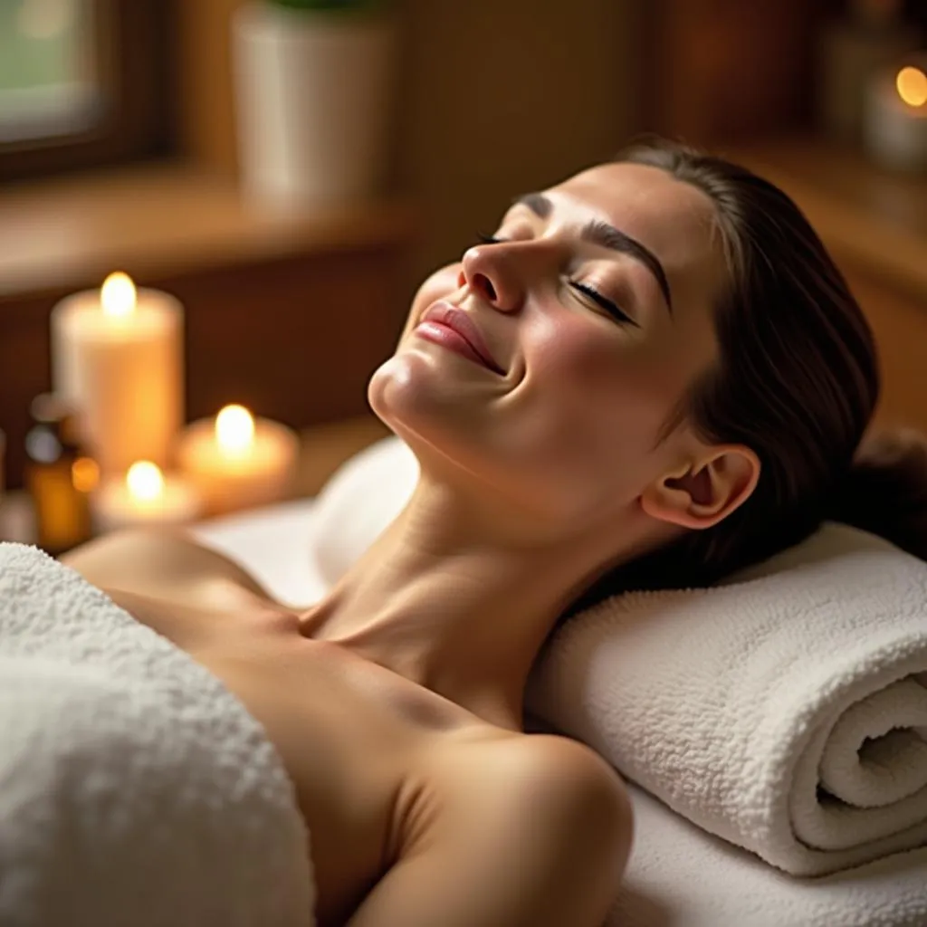 Woman relaxing in a serene spa environment with candles and flowers