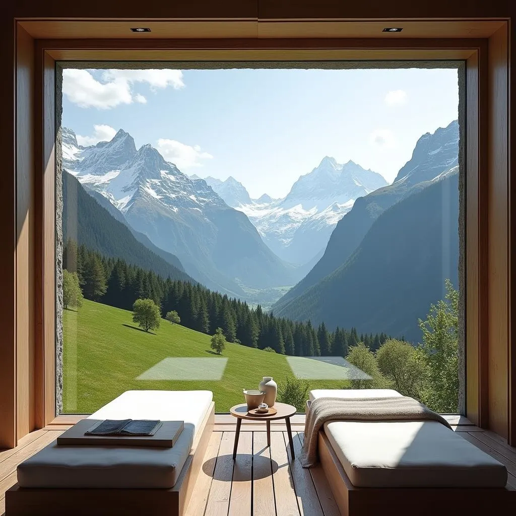 Panoramic view of Swiss Alps from a spa