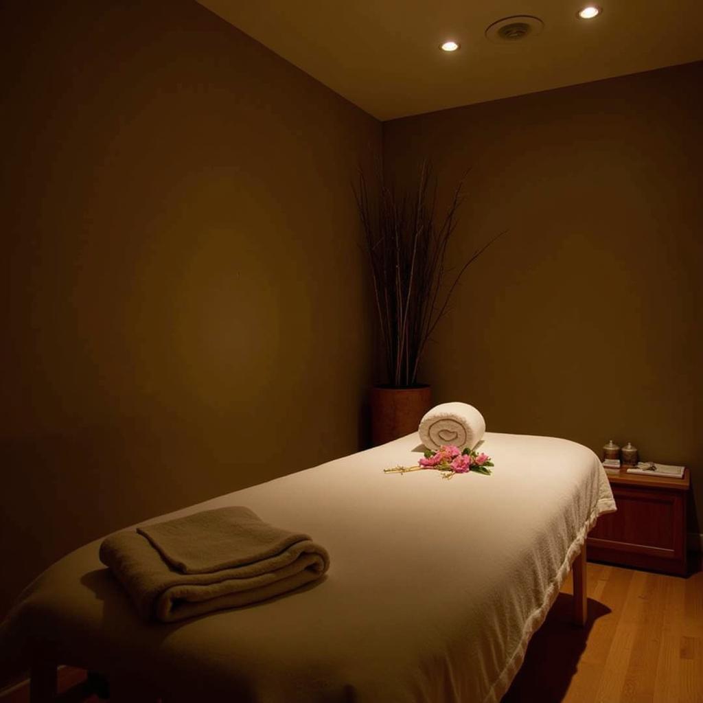 Serene treatment room at Tattva Spa Radisson Gurgaon with soft lighting and natural elements.