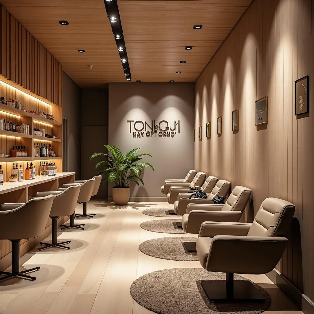 Luxurious interior of a Toni and Guy hair spa, featuring comfortable chairs, elegant decor, and soft lighting.