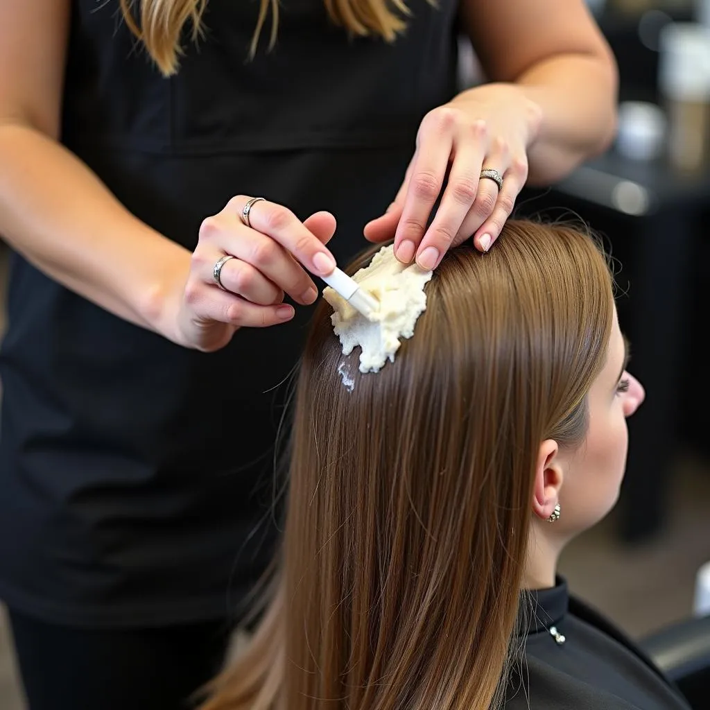 A Toni and Guy hair stylist applying a hair mask to a client's hair.