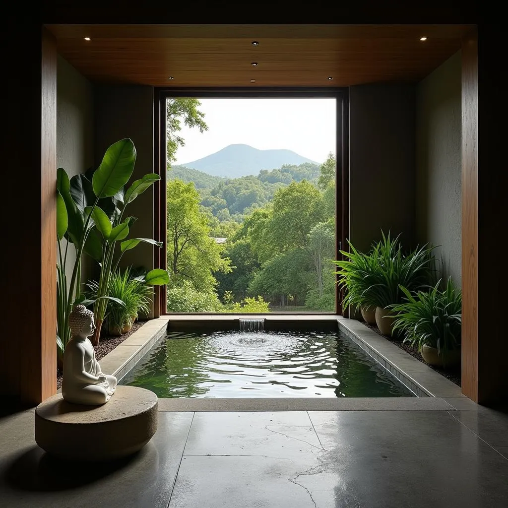 Tranquil spa room with Buddha statue and water feature