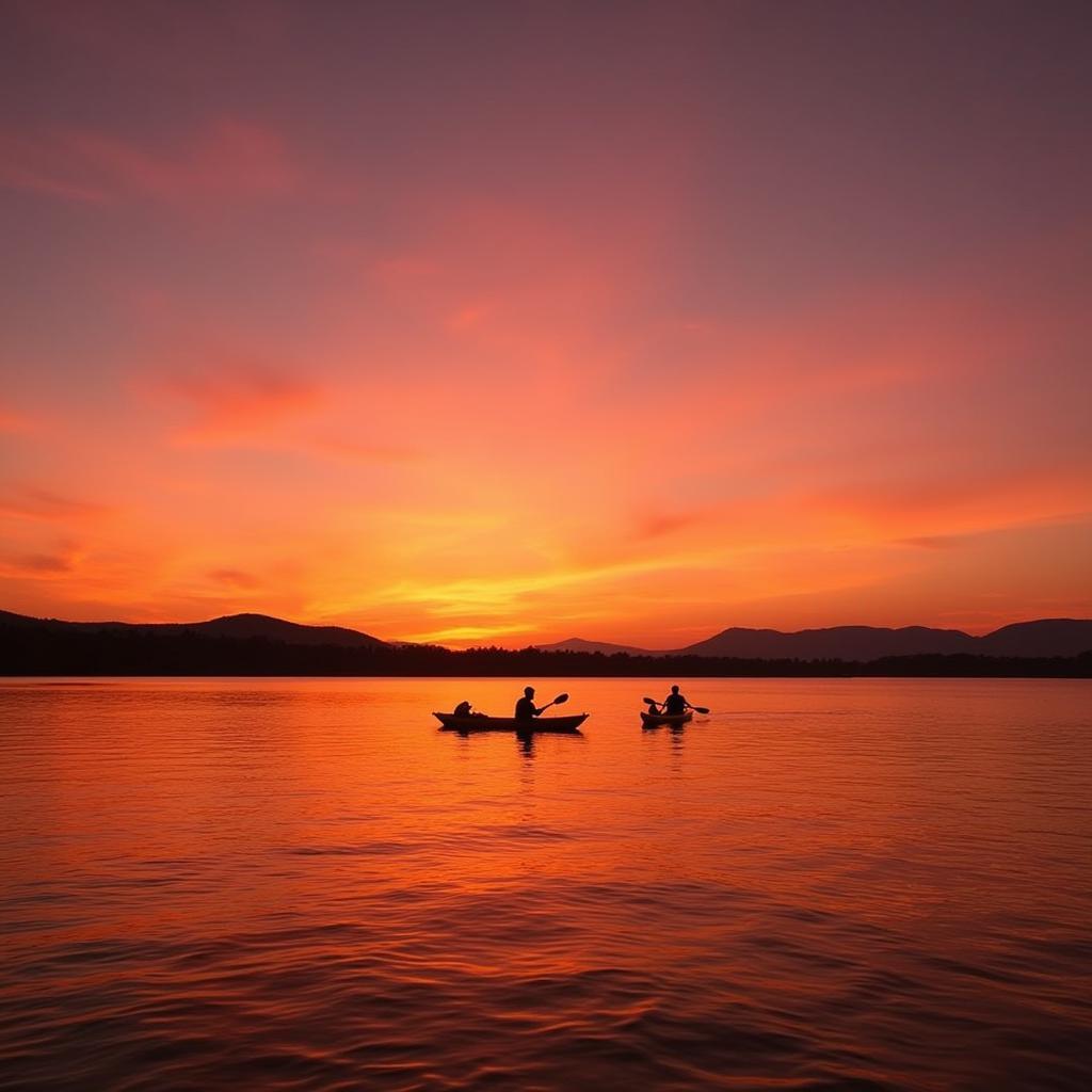 Silhouetted figures kayaking at sunset in Tup Kaek