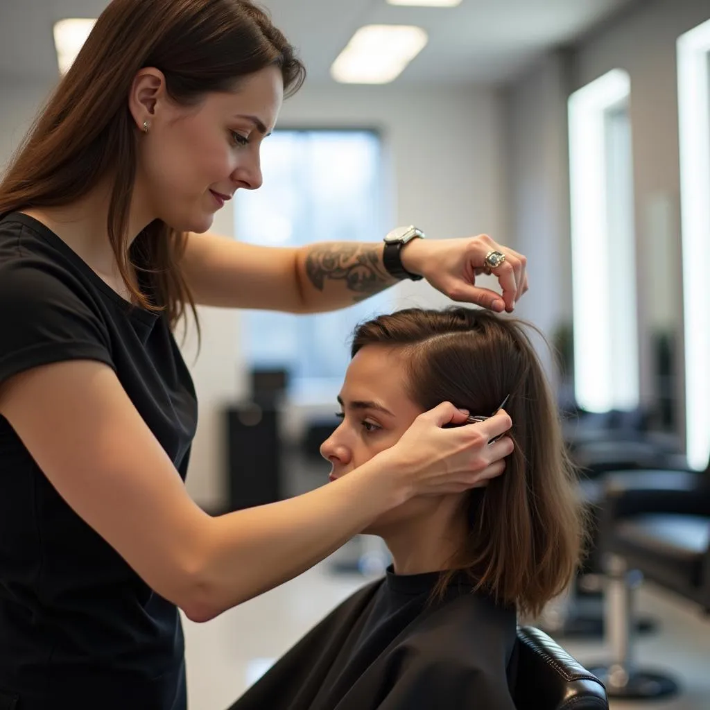 A skilled stylist giving a haircut to a client in a modern salon