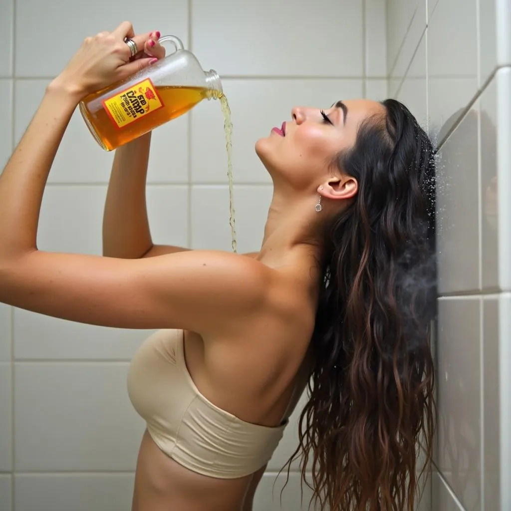 A woman is applying an apple cider vinegar hair rinse to her long, dark hair in the shower.