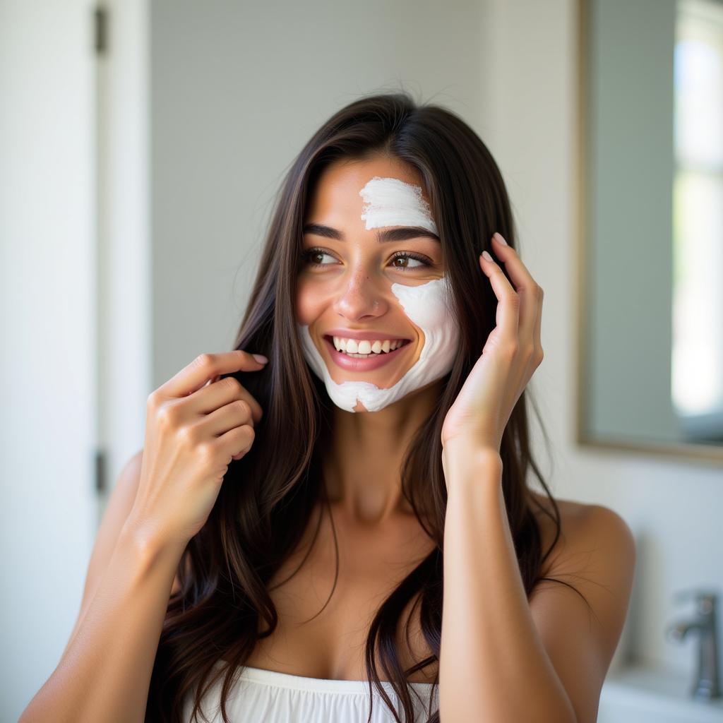 Woman Applying Hair Mask Before Using Hair Spa Cap