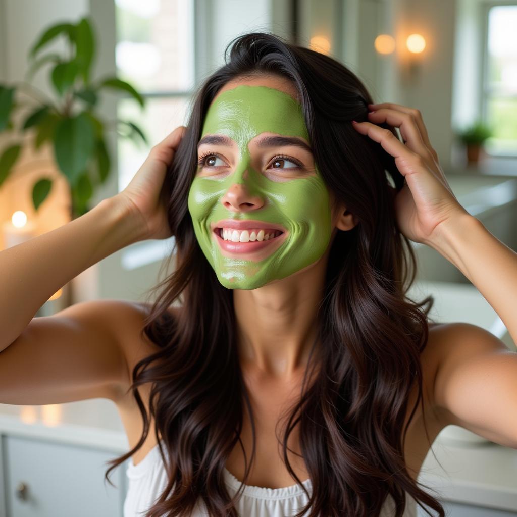 Woman Applying Herbal Hair Mask at Home