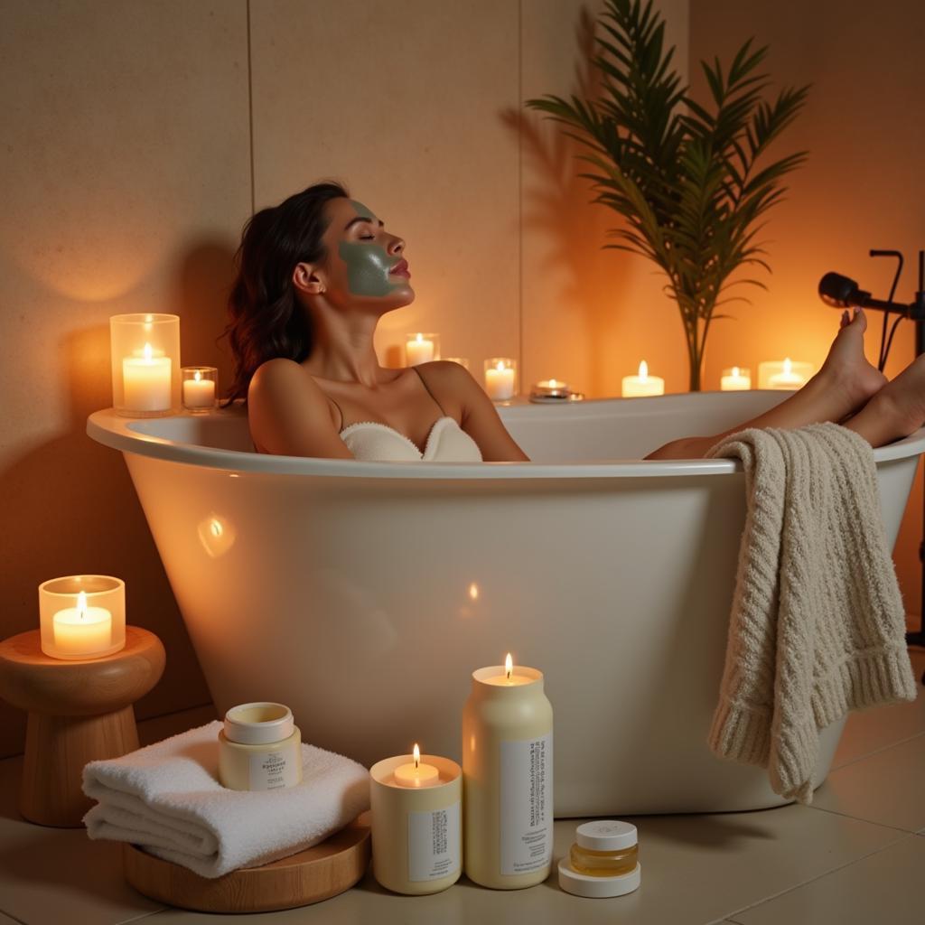 Woman enjoying an at-home spa treatment with a body spa kit.