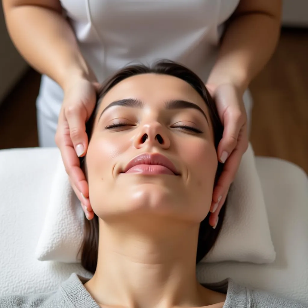 Relaxed woman receiving a facial treatment at The Crown Spa