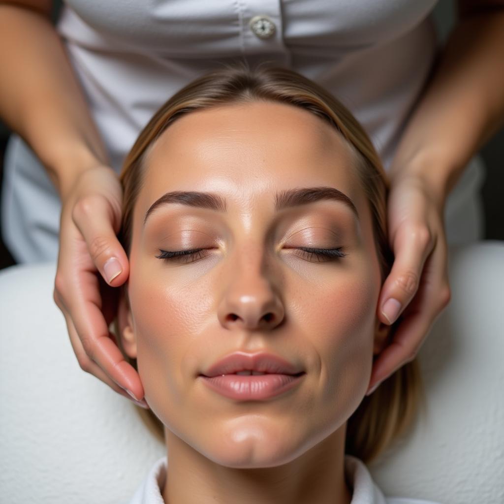 A woman relaxing while receiving a facial treatment