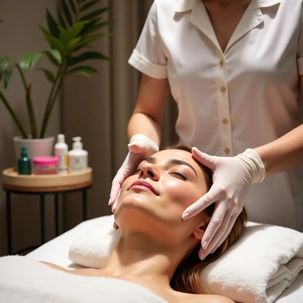 Woman receiving a facial treatment in a professional spa setting